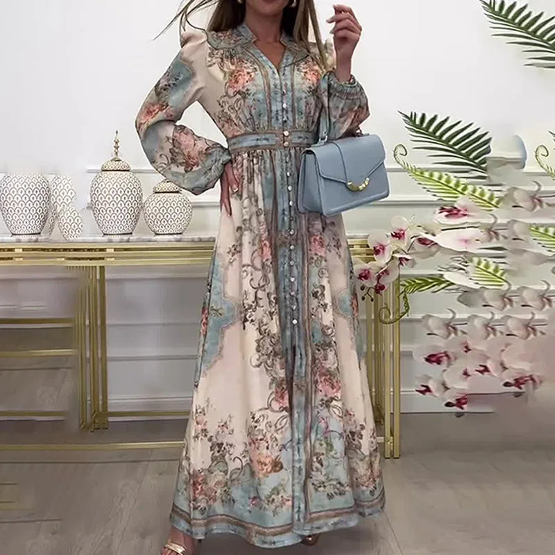 Womens Boho Floral Print Long Sleeve V Neck Button Front Belted Maxi Dress Casual Summer Beach Vacation Long Dress
