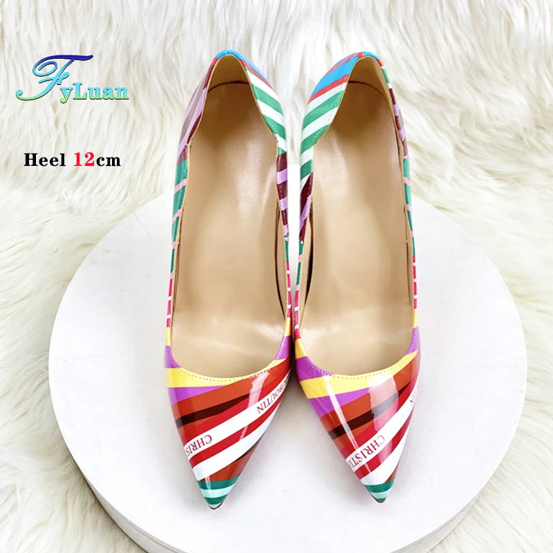 Colorful Striped High heels Fashion Cutting Pointed Shallow Party Shoes For Woman 8CM 10CM 12CM Women Pumps Large Size 44 45 46