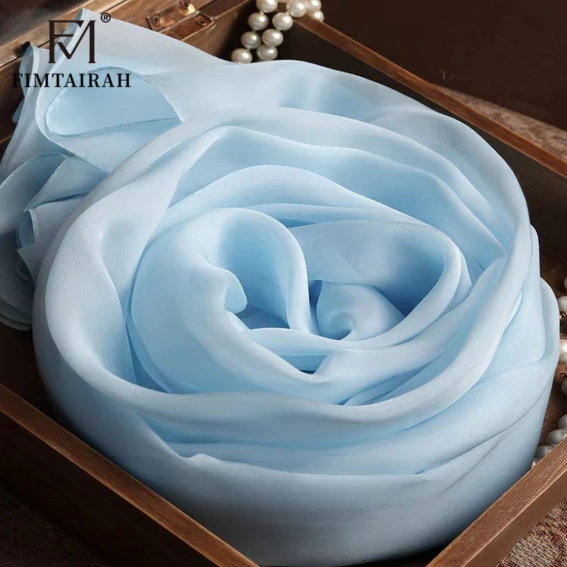Fimtariah  Sky blue 100% Real Silk Scarf Women   Silk chiffon Scarf   Hangzhou long silk scarf solid color silk scarf
