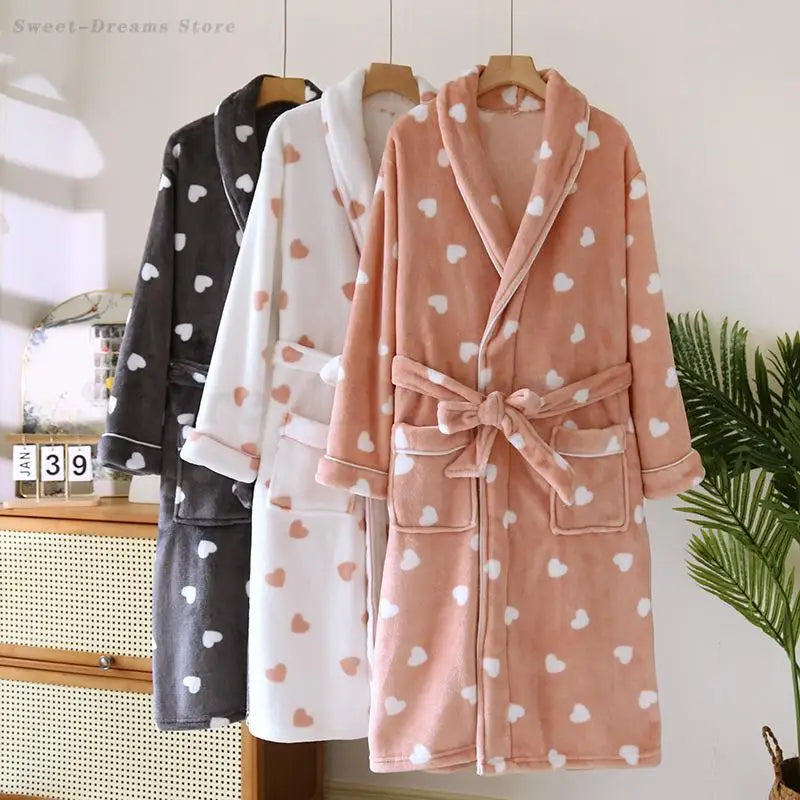 Autumn Winter Female Robe Thicken Flannel Bathrobe Kimono Sleepwear with Pocket Cute Print Sweet Heart Home Dress Lounge Wear