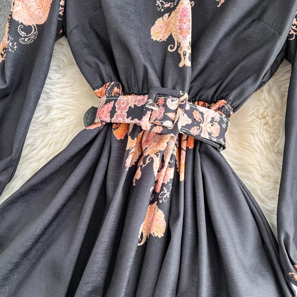 Spring Autumn Retro Palace Style Dress New French Printed Lantern Sleeve Stand Collar A-line Long Dress Femade C110