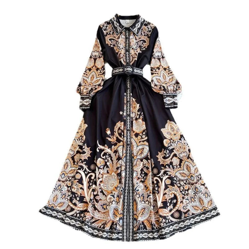 Elegant Vintage Court Style Long Sleeve Collared Slim Fit Print Shirt Dress Knitted Fabric Midi Skirt Length Button Detail