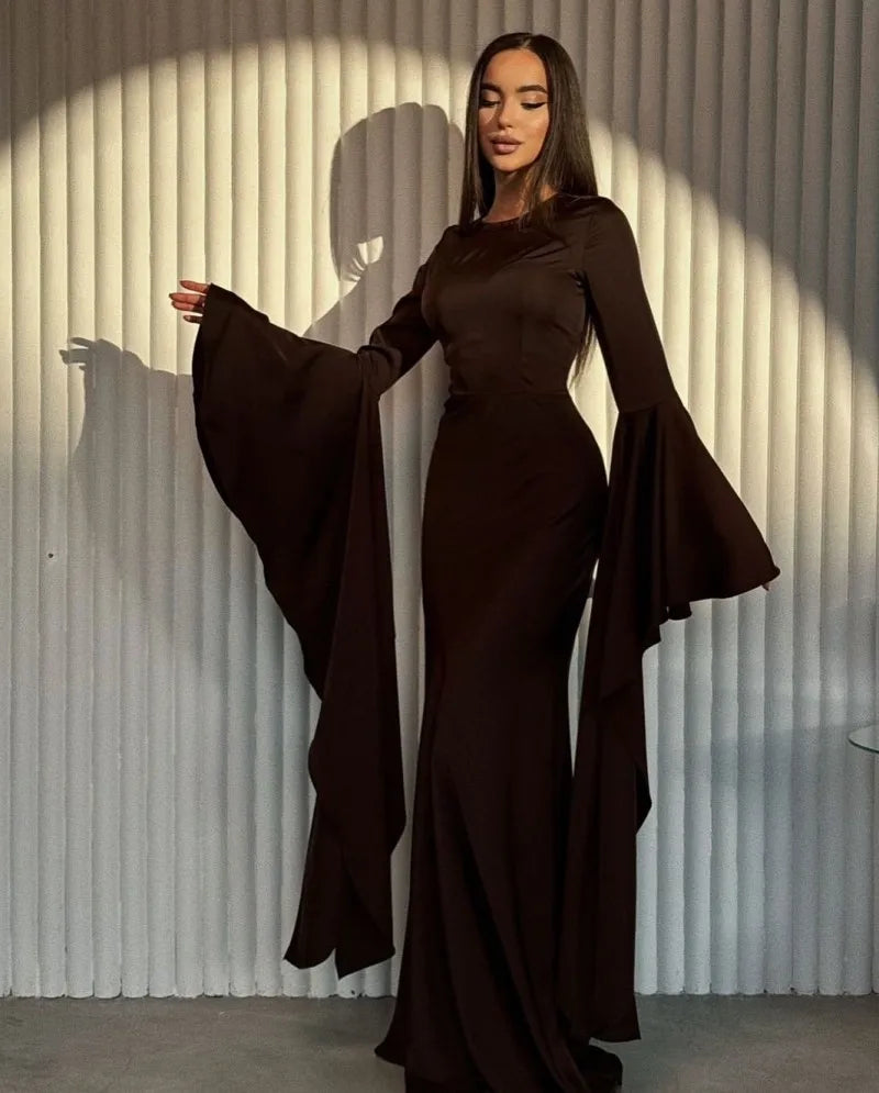 Women Cocktail Party Dress Big Swing Middle Eastern Long Floating Sleeves Slim Empire Lady Banquet Solid Maxi Clothing