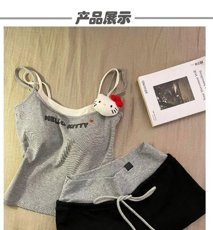 Cute Hello Kitty fake two-piece suspender shorts pajamas women's summer casual loungewear two-piece set can be worn outside