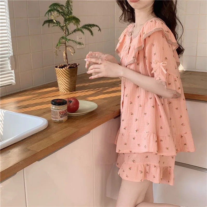 INS style women's summer new sweet floral high-quality short-sleeve shorts with bowtie girl homewear