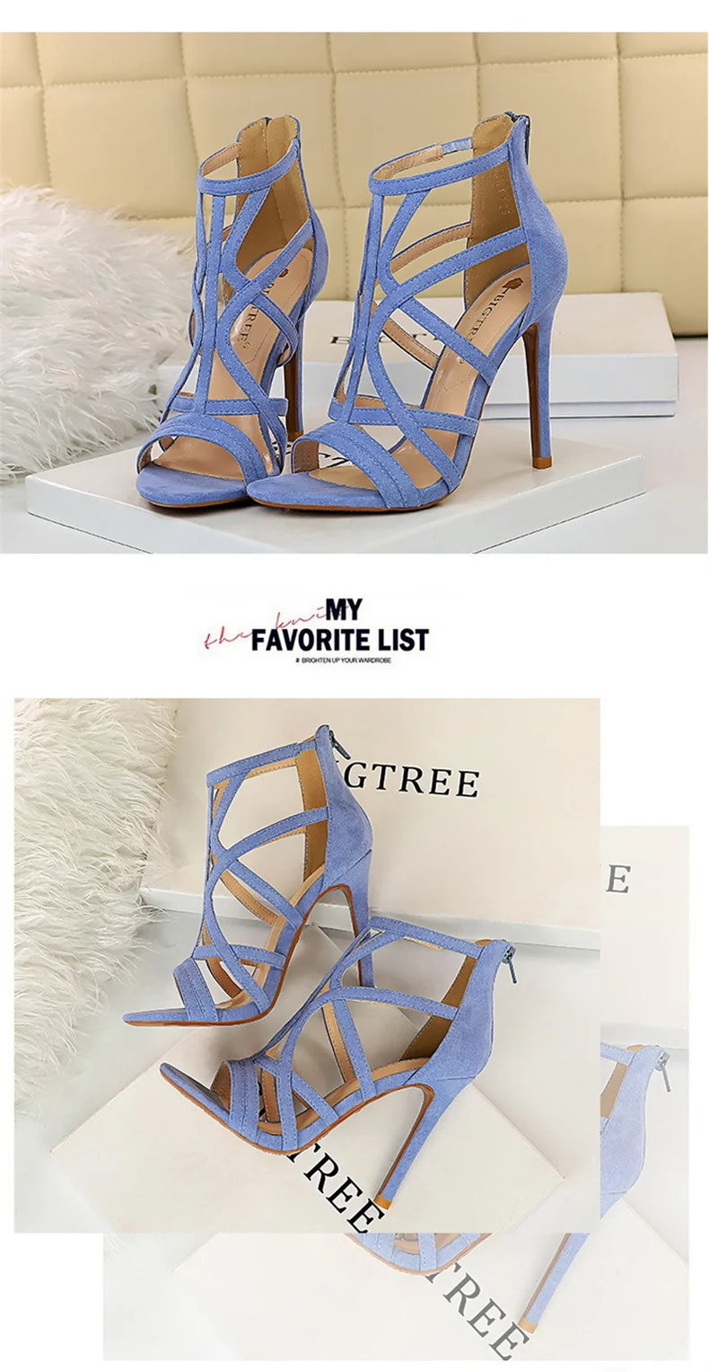 Women Roman style Thin High Heels Pumps Pointed Toe Suede Hollow Strap Party Shoes Solid Solid Ankle Zip Summer Sandals