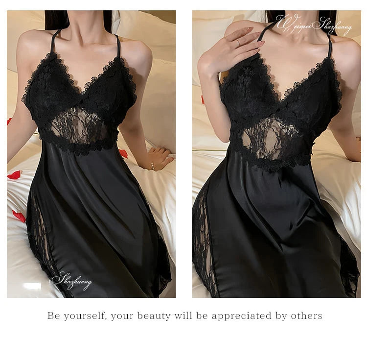 2025 new sexy camisole nightgown women's lace home sleepwear satin deep V backless luxury camisole sleepwear plus size red black