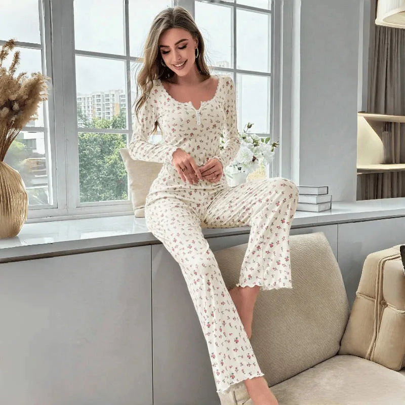 Leisure Floral Pajama Set with Spring and Autumn Long Sleeves and Pants Worn Outside Fashionable and Comfortable Home Clothes