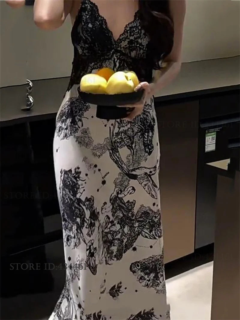 Elegant Print Flower Womens Long Robe Nightgown Set Sexy Lace Backless Nightdress Lingerie Summer New Satin Homewear Pajama