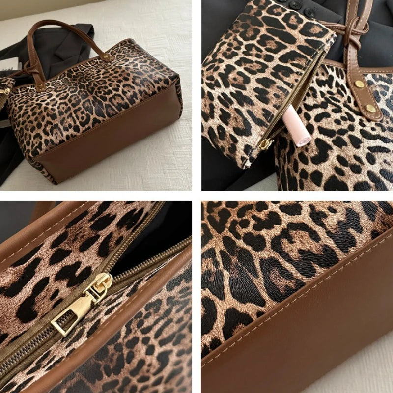 Women's Leopard Print Tote bag Pu Leather Underarm Bags Simple Casual Travel Shopping Bag Large Capacity Mother and Child Packag