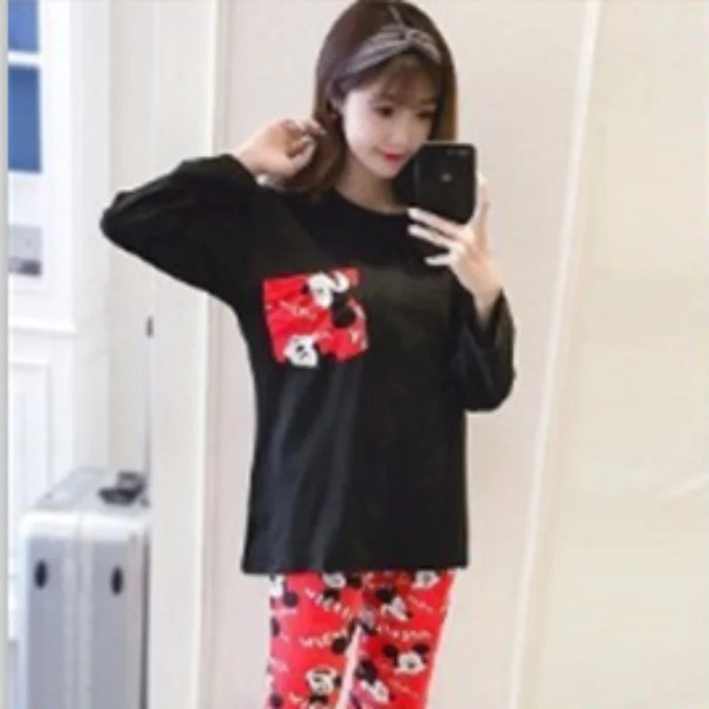 Spring And Autumn Long Sleeve+Long Pants Two Piece Pajama Set For Women Cartoon Cute Mickey Home Clothes Set