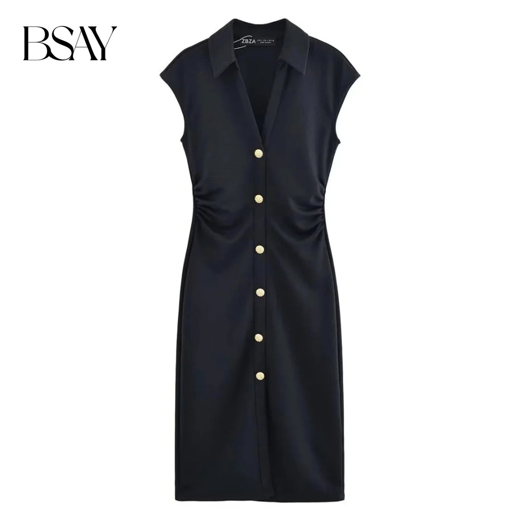 BSAY Dress for Women Fashion Summer New Fold Sleeveless V-neck Single Breasted Midi Dresses French Chic Female Evening Clothing