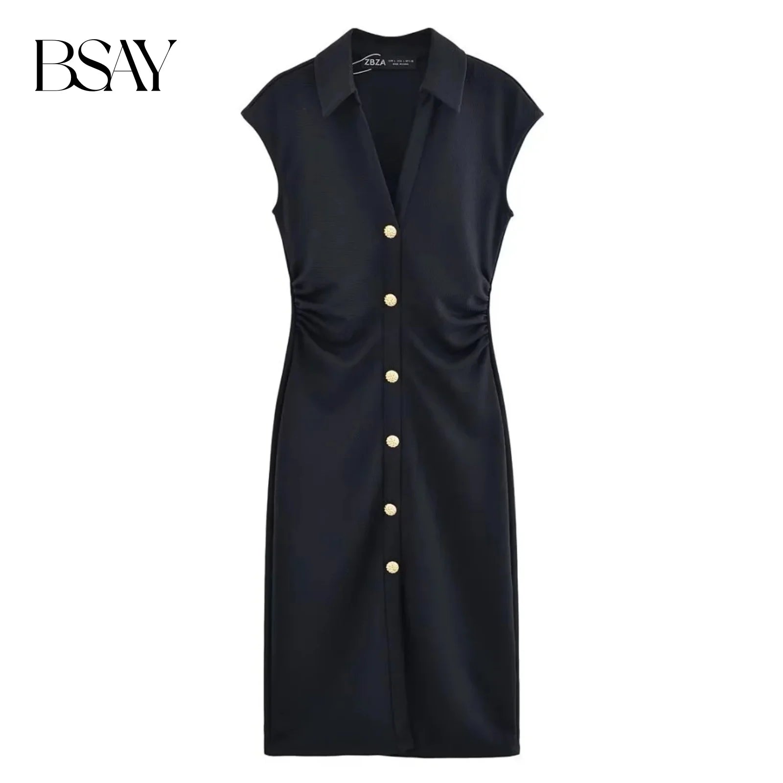 BSAY Dress for Women Fashion Summer New Fold Sleeveless V-neck Single Breasted Midi Dresses French Chic Female Evening Clothing