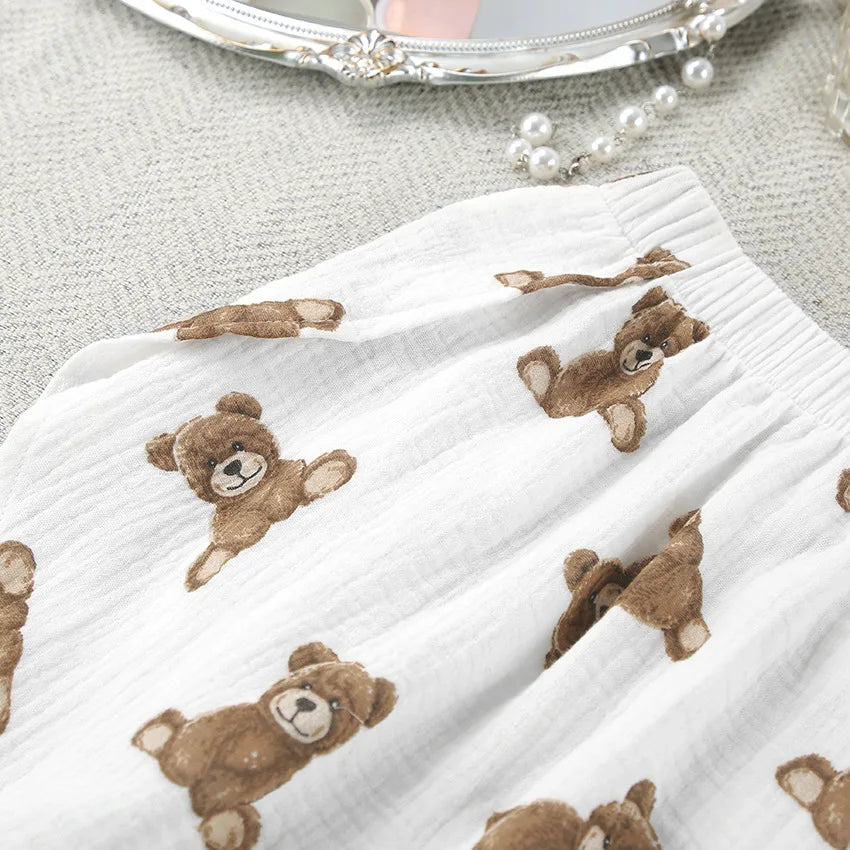 2024 Spring New European and American Pure Cotton Cute Print Warm Long sleeved Shorts and Pajamas Two piece Home Set
