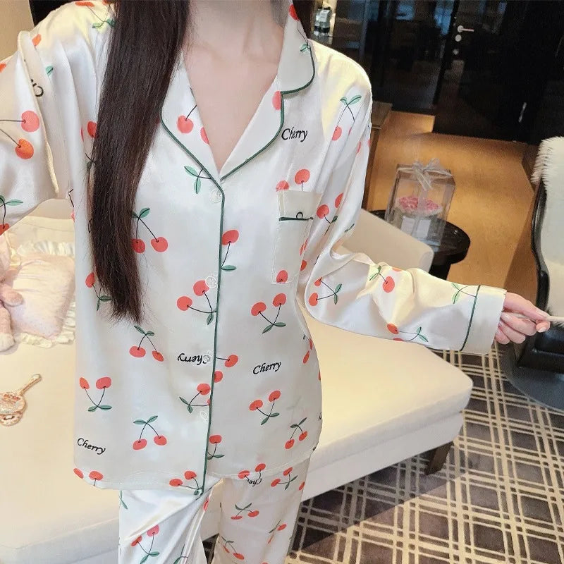 Sweet Cherry Print Satin Long Sleeve Pajama Set Soft Comfortable Loungewear for Women