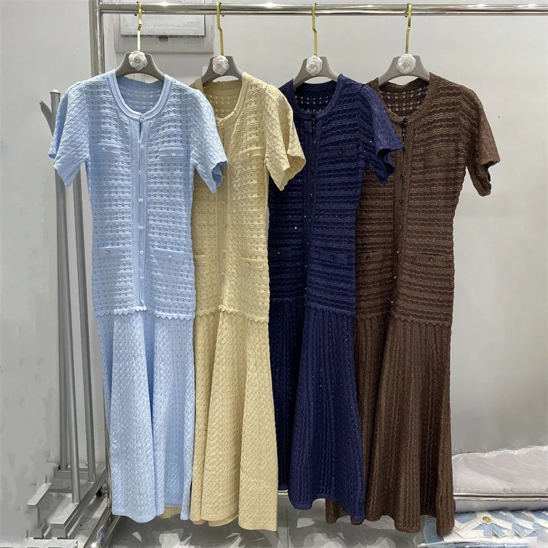 New summer single-breasted round neck knit crochet short-sleeved dress, high-quality and fashionable over-the-knee long skirt