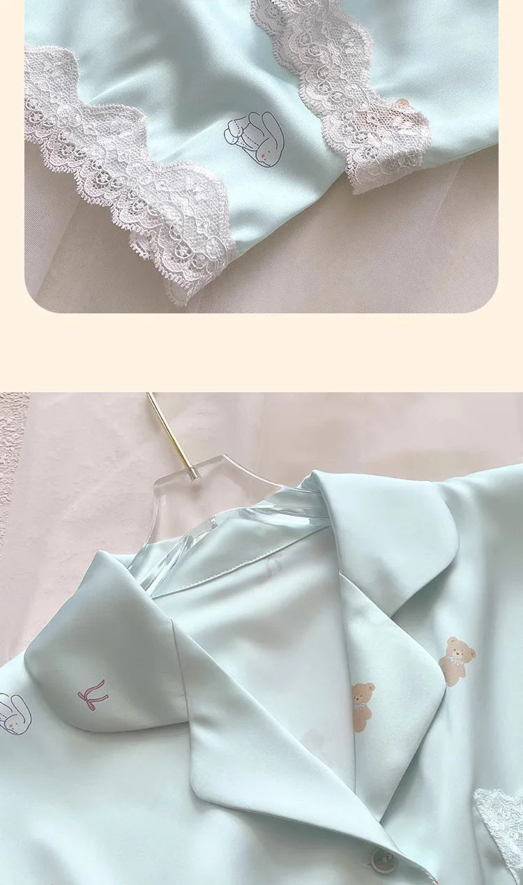 Bear Print Pajamas Women Cool Ice Silk Short Sleeve Pants Loungewear Cardigan Lace Fall and Winter Two-Piece Set Plus Size