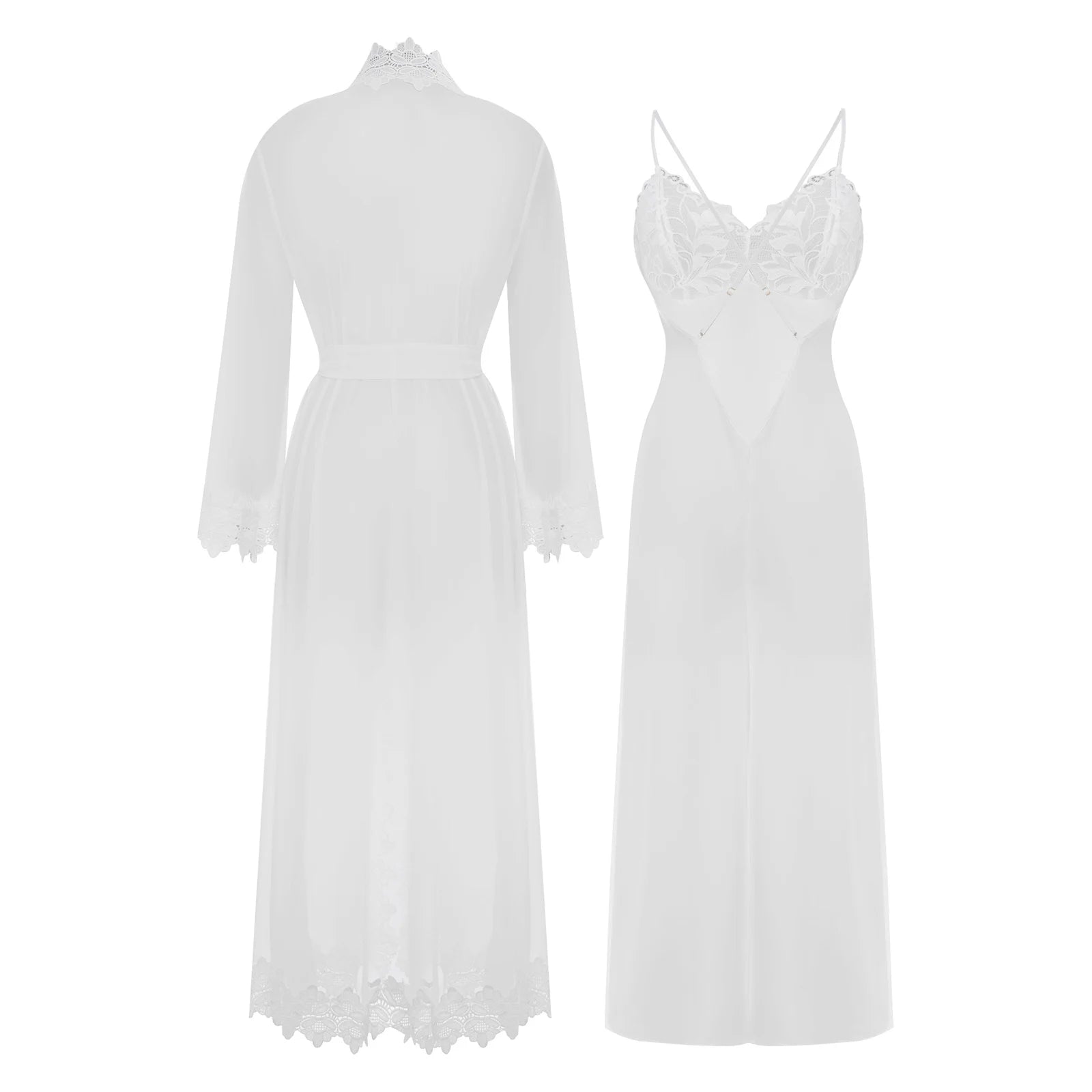 Womens Floral Lace Nightgown Set Long Sleeve Sheer Mesh Robe with Backless Satiny Sling Dress Gown Belt for Bride Wedding Night