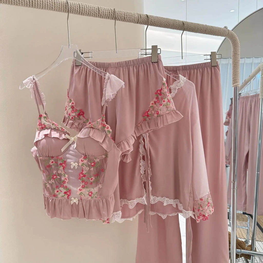 French Style Pink Lace Trim Home Clothes Ice Silk Sleepwear Hollow Out Lace Floral Nightwear Princess Sweet Pijama Mujer