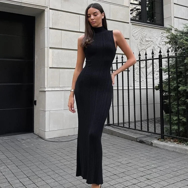 2025 Spring Sleeveless Knitwear Turtleneck Long Dress Female Slim Elegant Fashion Autumn Ribbed Knit Dress For Women Maxi Dress