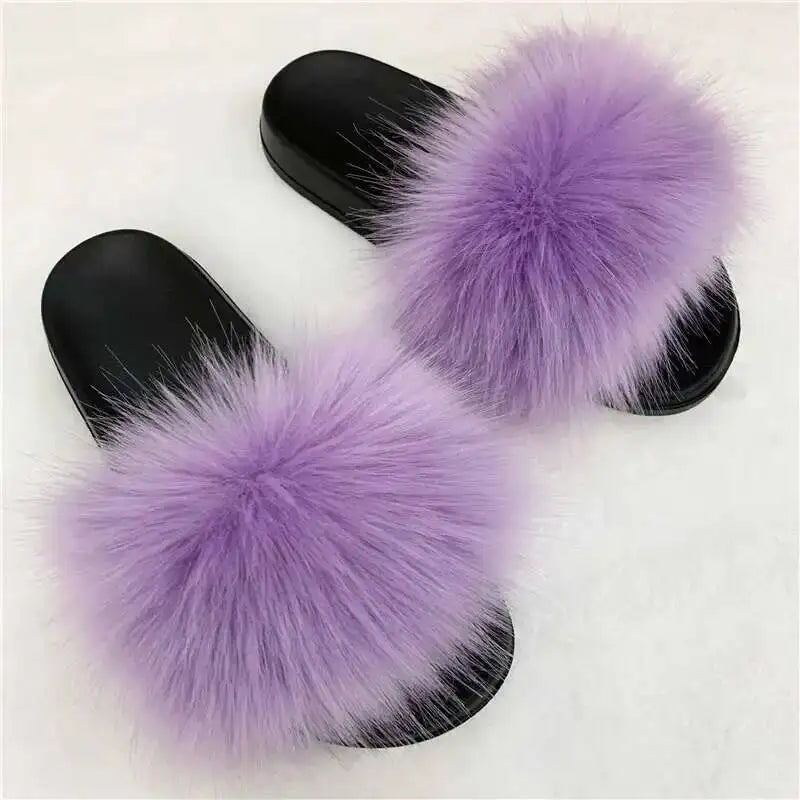 Ladies Fluffy Slippers Summer Women Faux Fur Soft Slides Stylish Open Toe Sandals Outdoor Indoor Furry Comfortable Beach Shoes