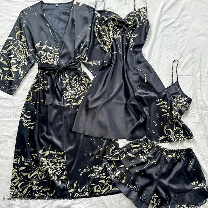 Oversize Pijama Mujer Print Flower 4Pcs Robe Pajama Set Loungewear Summer New Ice Silk Kimono Bathrobe Gown Loose Women Homewear