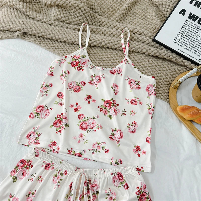 Summer Elegant Floral Print Sleepwear Women Sexy Ultra-Thin Vest and Shorts Comfortable Loungewear Breathable Nightwear HomeWear