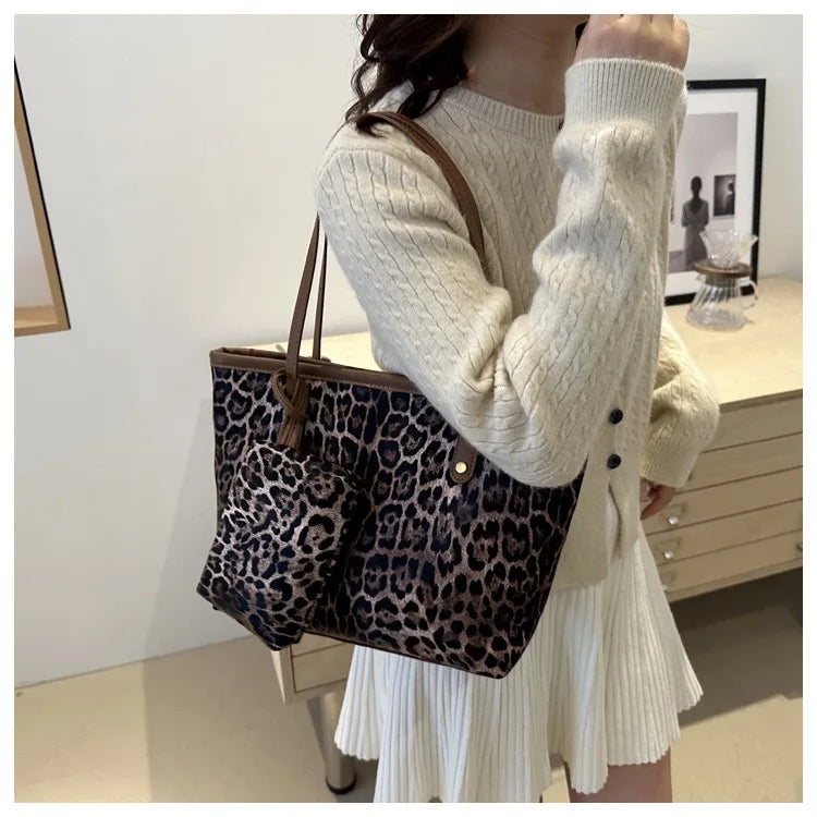 Women's Leopard Print Tote bag Pu Leather Underarm Bags Simple Casual Travel Shopping Bag Large Capacity Mother and Child Packag