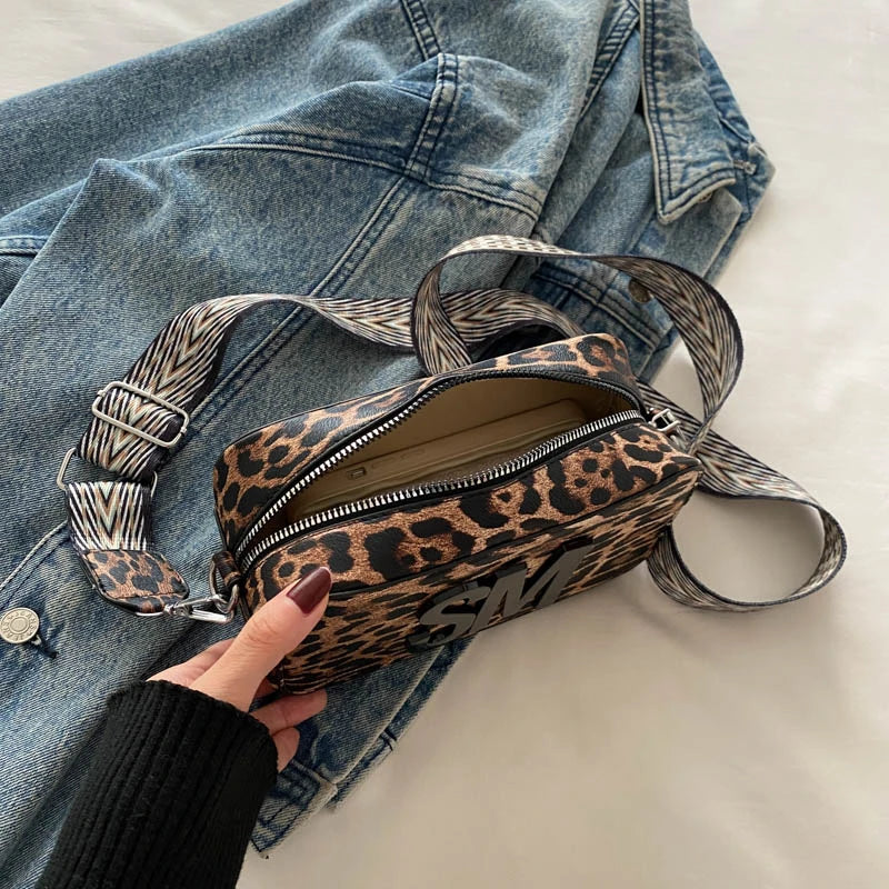 Fashion Letters Shoulder Bags for Women Leopard Print Small Square Bag Ladies Shopping Crossbody Bag Solid Color Storage Pocket