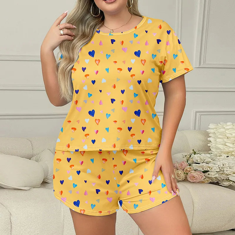 5XL Plus Size Women Pajama Set Print Sleepwear Short Sleeve Top with Shorts Summer Comfy Sleepwear 2 Pieces Loose Home Clothes