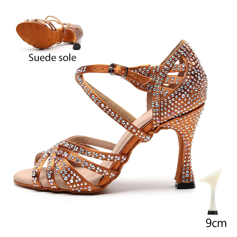 HROYL Ballroom Latin Dance Shoes Ladies Girls New Silk Satin Shiny Rhinestone Cuban High Heels Party Salsa Dance Shoes Women