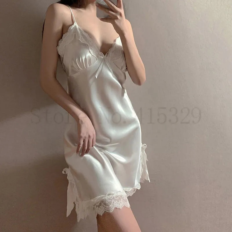 Print Flower Chemise Sleepwear Nightgown Short Summer Sexy Spaghetti Sling Homewear Satin Lace Patchwork Female Nightdress