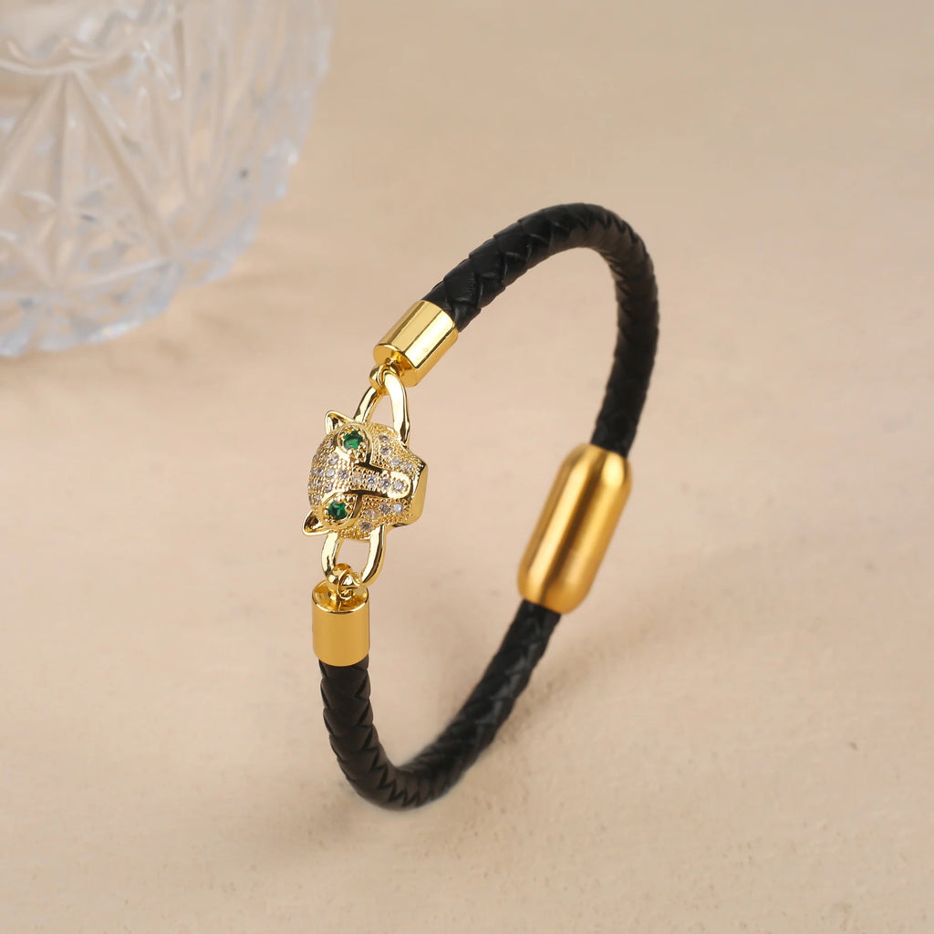 Bully Animal Style Leopard Head Braided Leather Rope Bracelet Fashion for Man Woman Stainless Steel Zirconia Jewelry Daily Wear