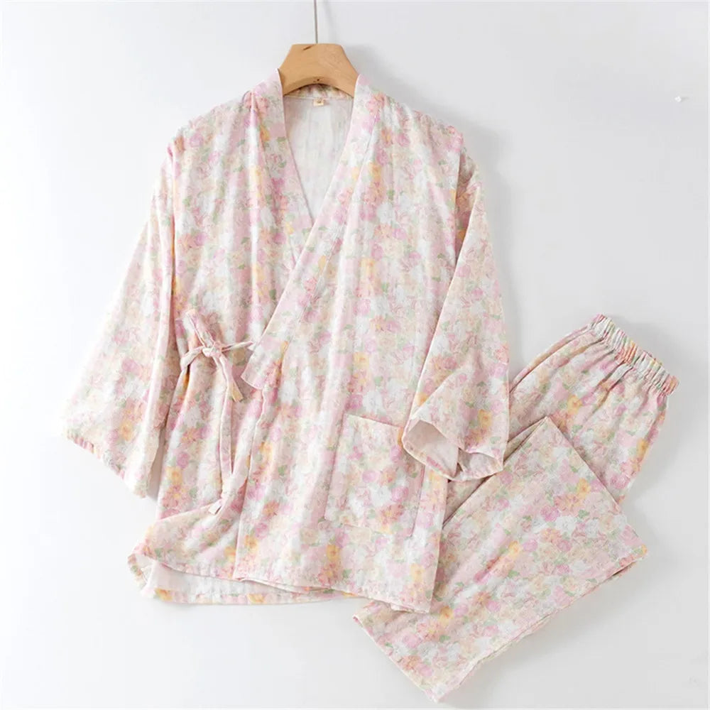 Autumn Sleepwear Women's Cotton Kimono Pants Print Floral Pajamas for Women 2 Pieces Outfit Loungewear