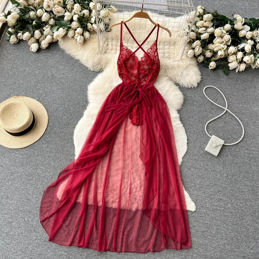 new Women's Multicolour Transpar Sexy Charming Flowing Mesh Long Skirt With Girls V-neck Lace Hollowed out Flower Top Two Pieces