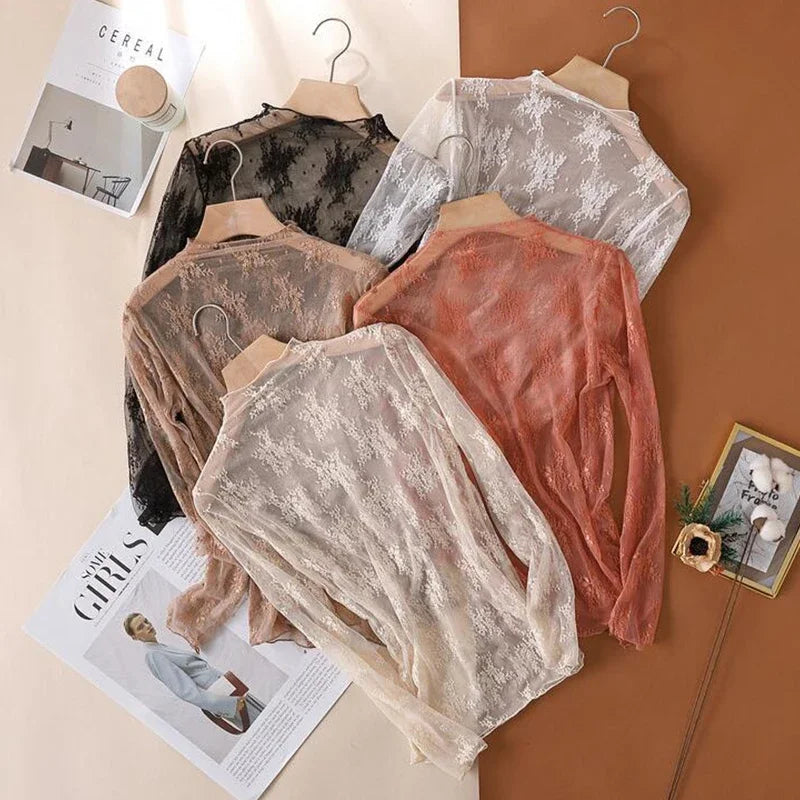 Sexy Floral Lace and Mesh Ruffle Nightgown Woman Sleep Tops Nightie Turtleneck Mesh Layering Top Y2k Floral Tee Shirts Blouse