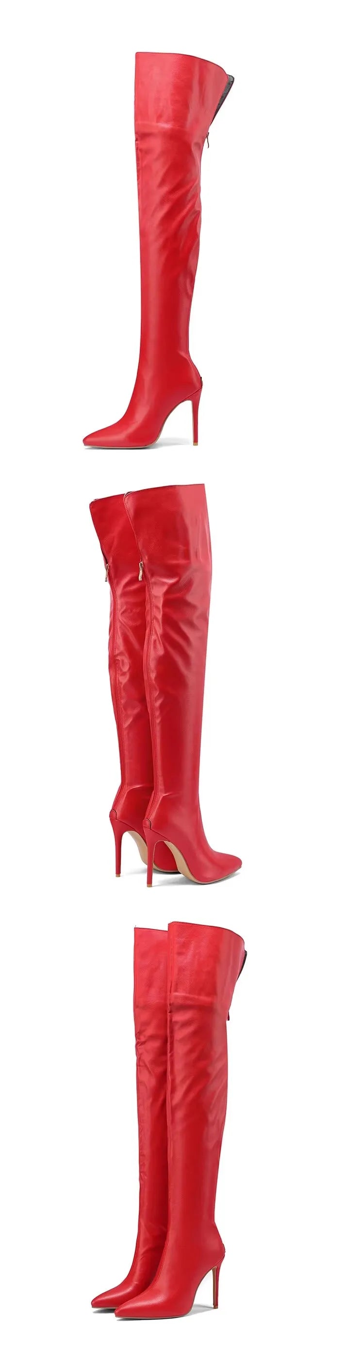 Women Boots Red Black Pointy Toe Thigh High Long Boots Autumn Winter Zip Over-the-Knee Boots Party Shoes Plus Size 46 Stiletto