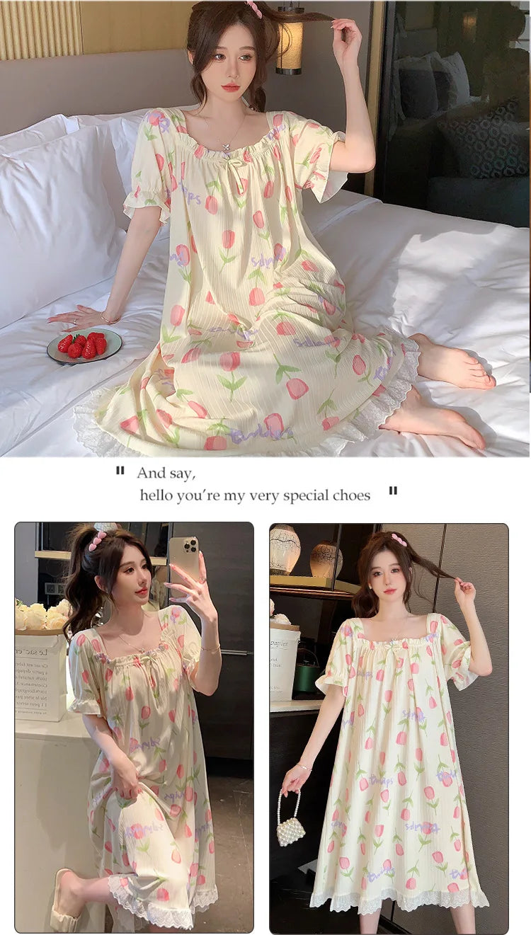 M-5XL Plus Size Sleep Dress for Women Korean Sweet Summer Sleepwear Students Cute Print Nightgown Pajama Sleepshirt Home Clothes