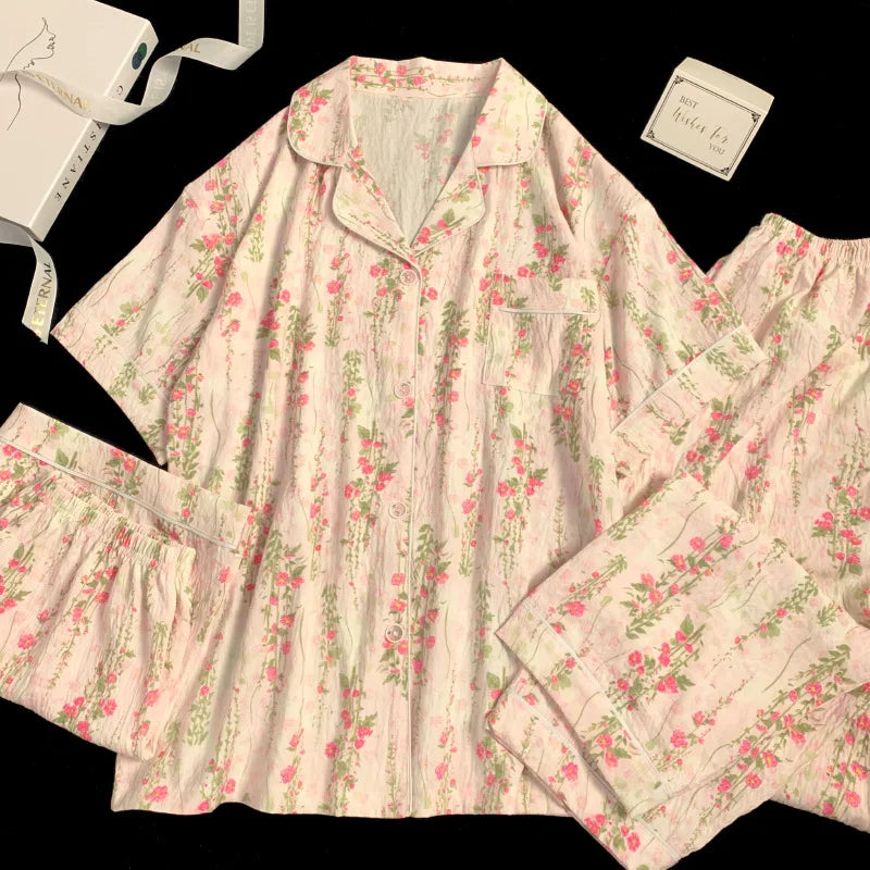 Spring/Summer Sweet & Cute Floral Cotton Pyjamas for Girls Three-Piece Homewear Set Student Casual Sleepwear Homewear Ensemble