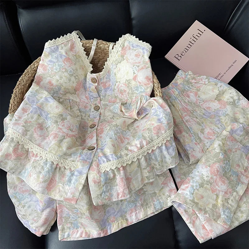 Women's Sleepwear Korean Version Floral Sleepwear Women's Summer Thin Design with Chest Cushion Cloud Cotton Suspender Pants