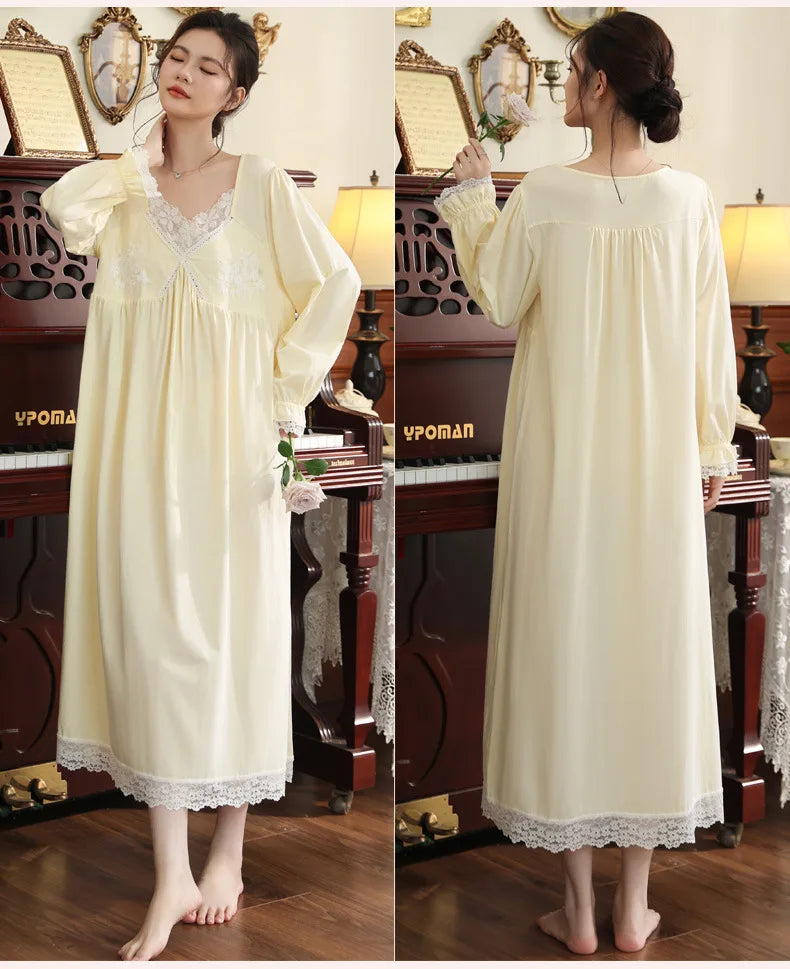Vintage Victorian Nightgown Women Lace Embroidered Palace Style Princess Sleep Dress Cotton Soft Romantic French Loungewear