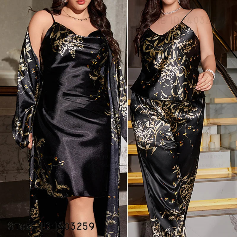 Large Size Female Long Robe Pajamas Four-Piece Set Sleepwear Sexy Lingerie Print Floral Bathrobe Pijamas Suit Loose Homewear 5XL