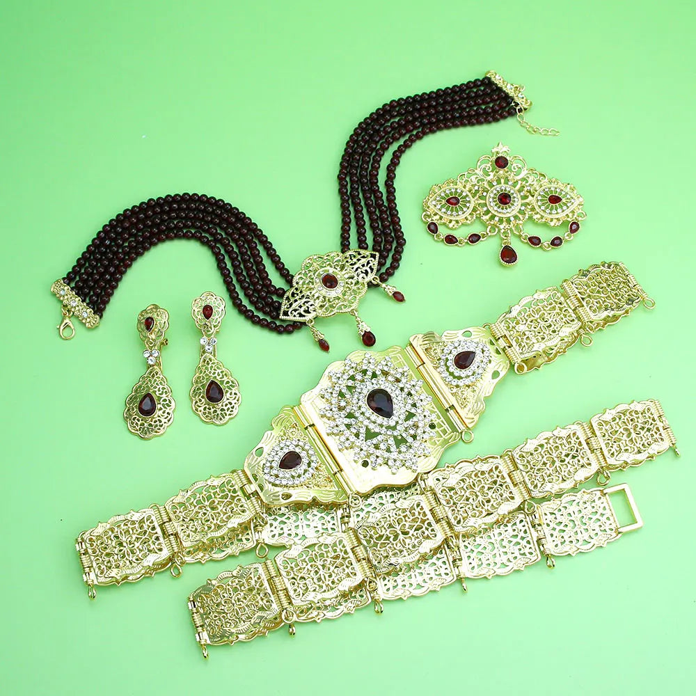 Sunspicems Morocco Bride Wedding Jewelry Sets For Women Gold Color Arabic Caftan Waist Belt Brooch Bead Choker Necklace Earrings