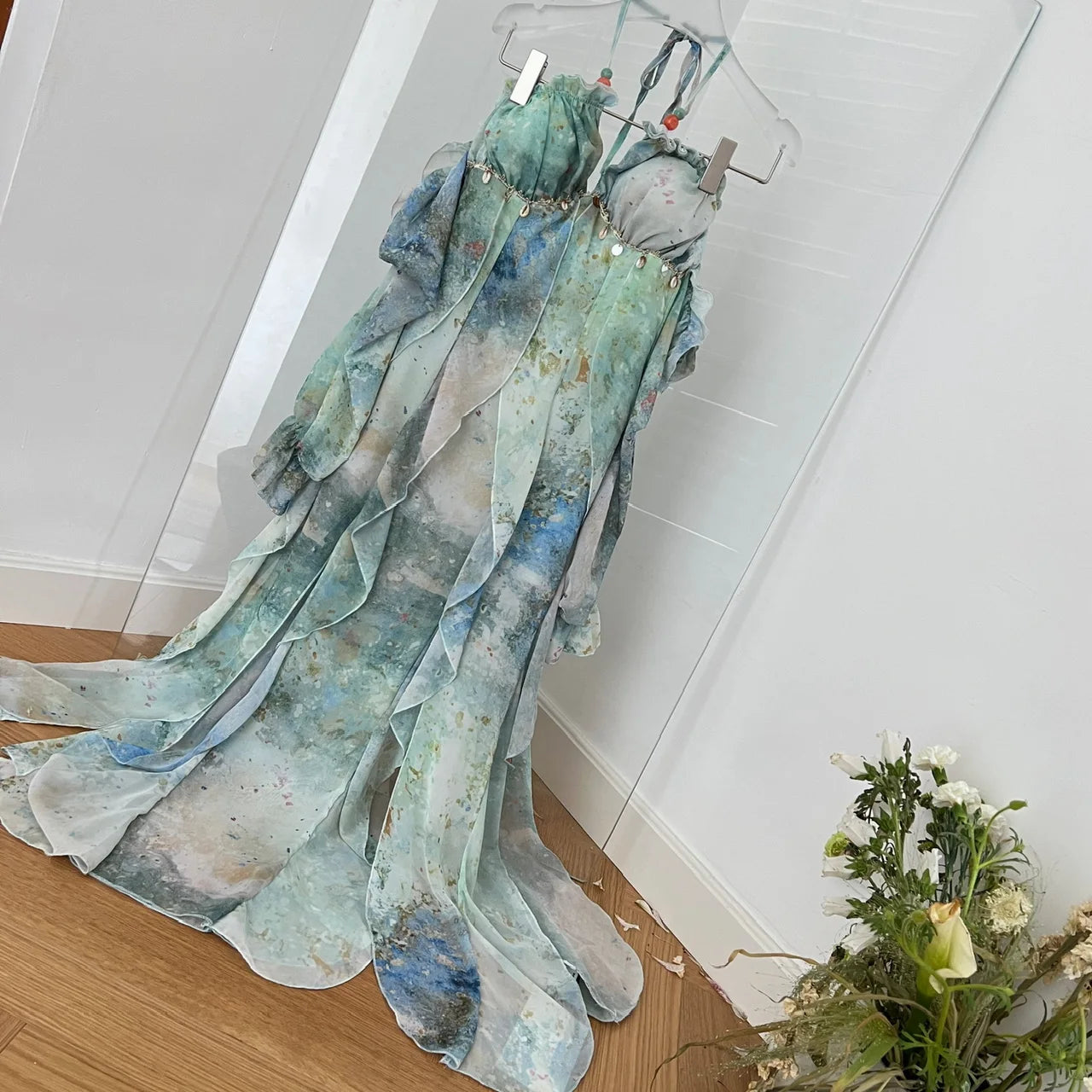2025 Elegant Halter Neck Ruffled Maxi Dress Women Blue Green Floral Print Bohemian Design Beach Vacation Casual Party Dress New