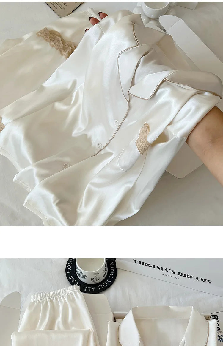 Women's Spring/Autumn Ice Silk Nightwear Set Luxurious Lace Trim Long-Sleeved Lightweight Homewear Actual Product Photography