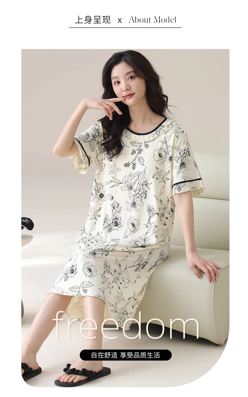 Women Modal Nightdress Small Flower Sleep Dress Short Sleeve Sleepshirt Ruffles Nightshirt Nightgown Sleepwear 4XL5XL Home Dress
