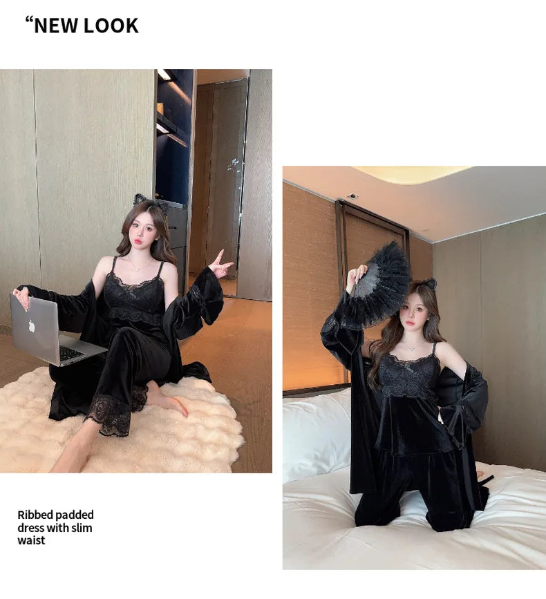 Warm Home Clothes Lady Sexy Lace Flower Trim Nightwear 3Pcs Velour Pajamas Set Luxury Velvet Cami Top&pants Loungewear Winter