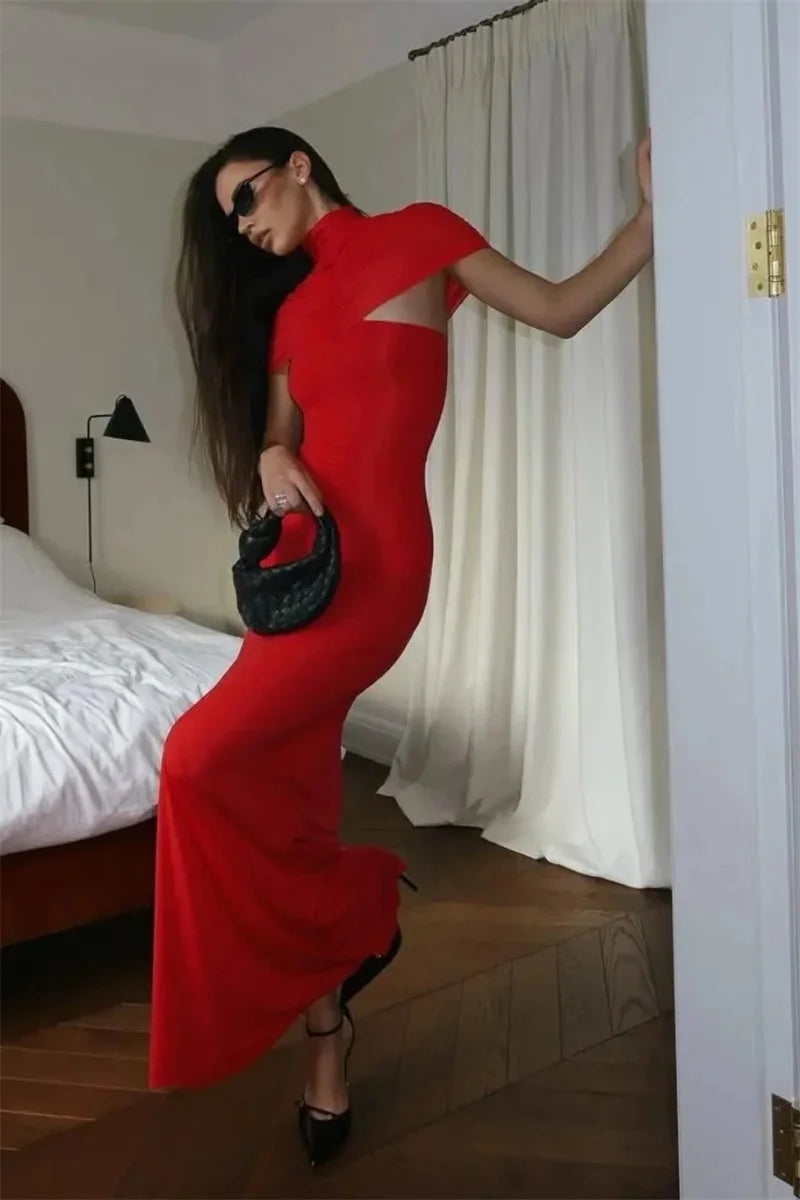 Mozision Turtleneck Short Sleeve Sexy Maxi Dress Women Elegant Draped Ruched Evening Club Party Long Dresses Female Clothes