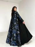 Women's Black Floral Print Abaya, Loose Long-Sleeved Elegant Arab Robe