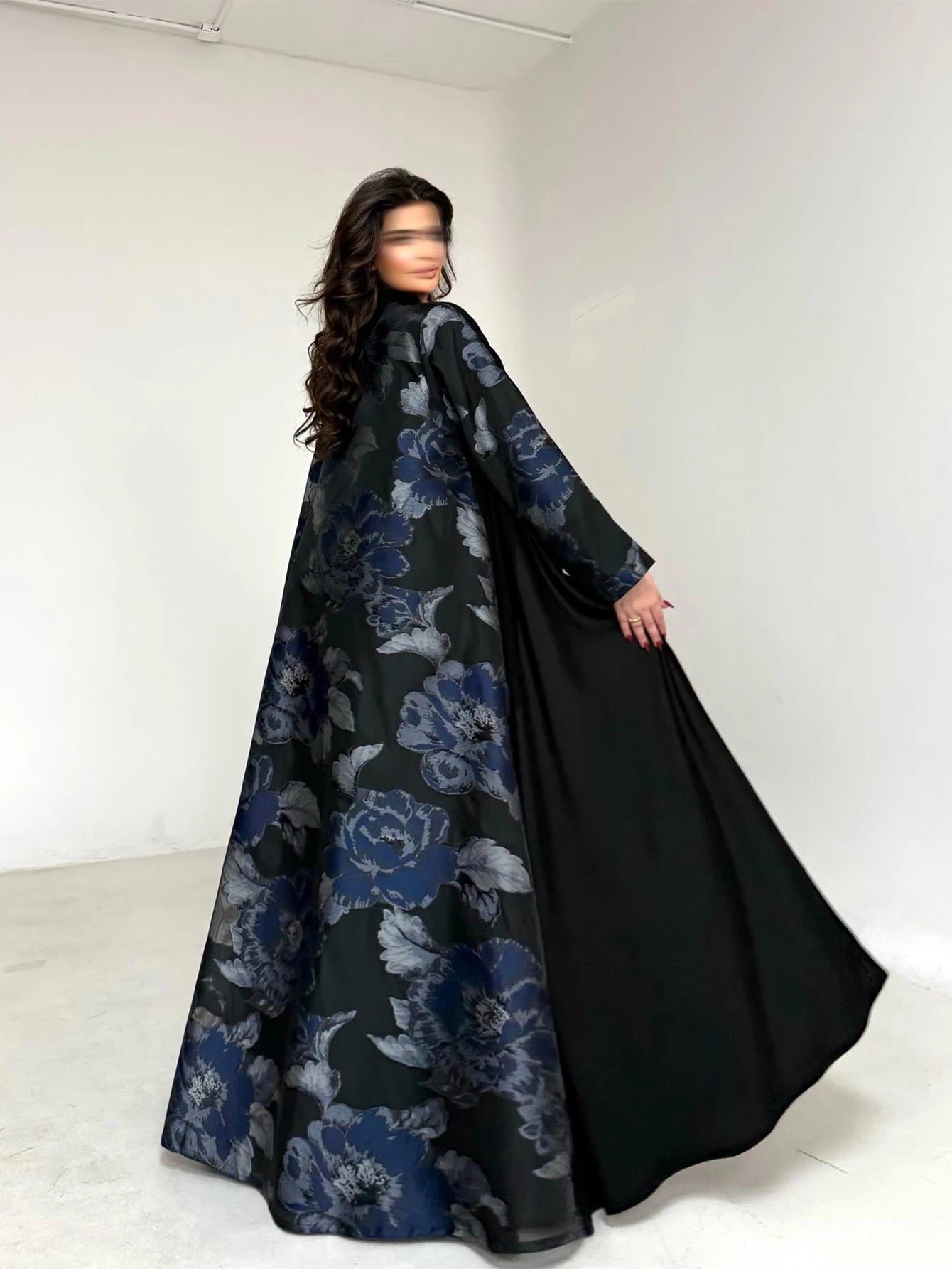 Women's Black Floral Print Abaya, Loose Long-Sleeved Elegant Arab Robe